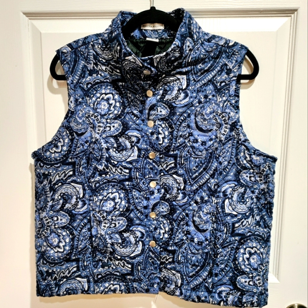 Rebecca Malone blue paisley quilted puffer vest women's size XL